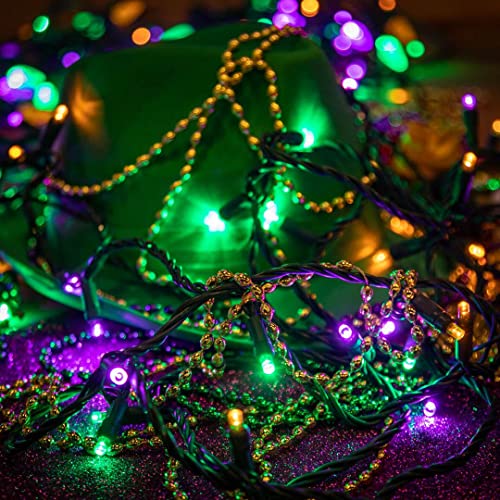 Mardi Gras 100 Light Yellow/Purple/Green LED  Mini String Light Set, UL Listed Indoor/Outdoor, Green Wire, 50 Feet