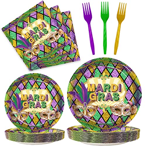 Mardi Gras Disposable Dinnerware for New Orleans Party, Serves 24 (96 Pcs)